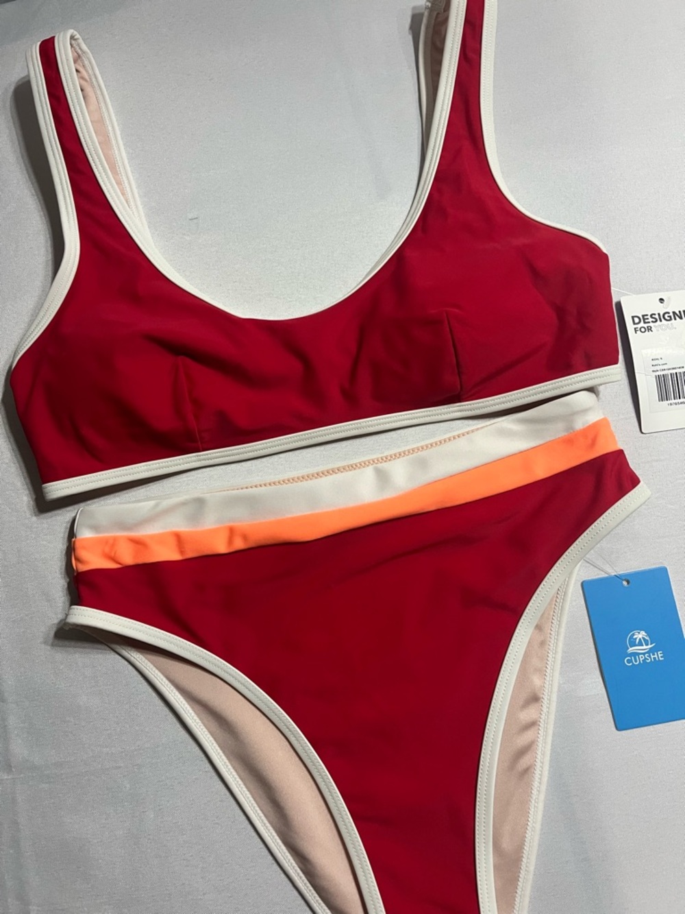 Cupshe Red/Cream Women’s Small 2 Piece Bikini Set High Rise Cheeky Bottoms - Picture 1 of 9